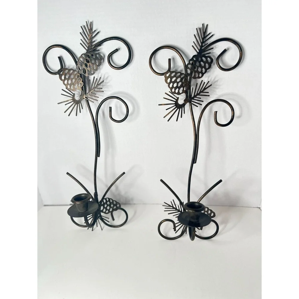 Set of 2 Vintage Candle Wall Sconces Pinecone Pine Needles Rustic Home Interior